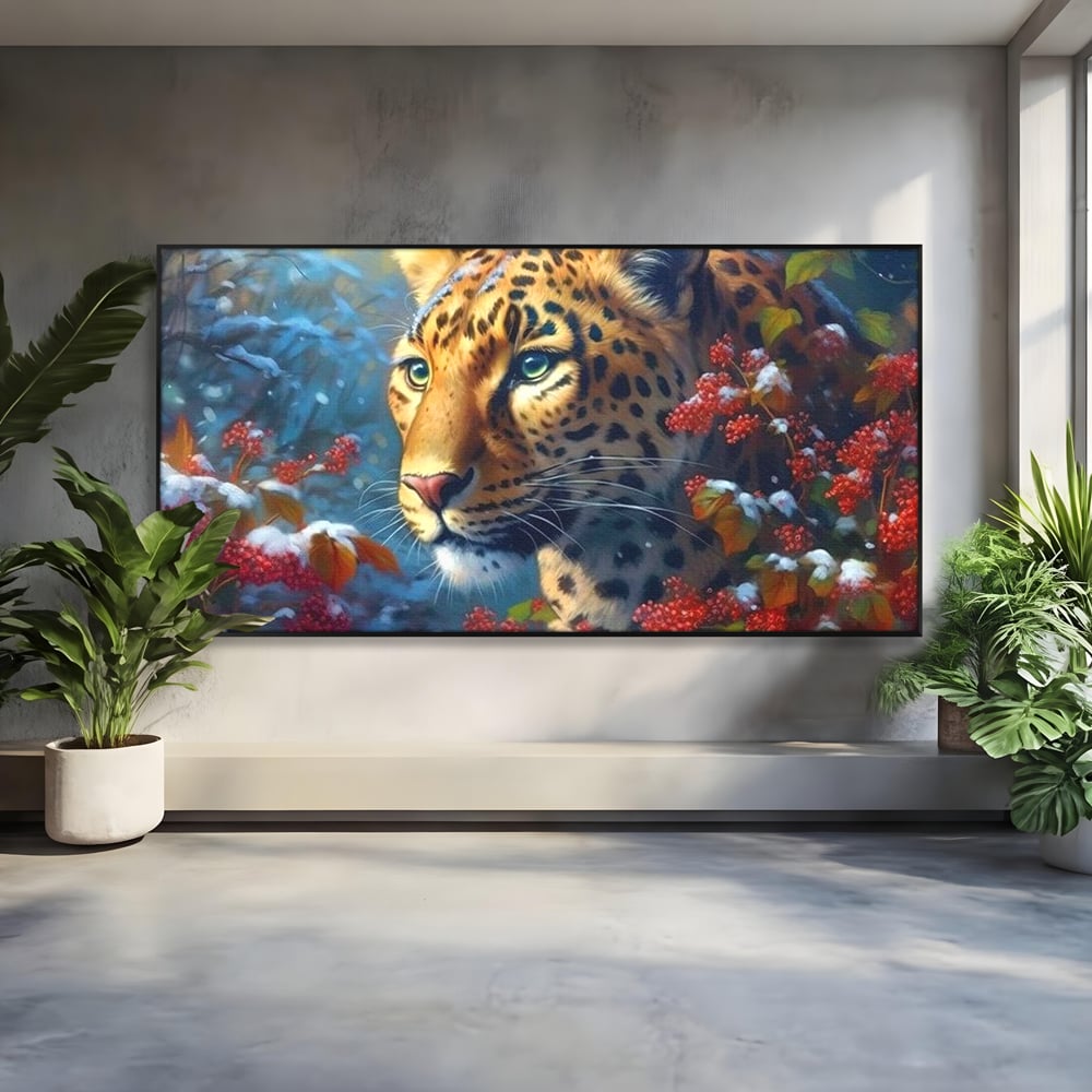 Tablou Canvas Premium, LuxCanva® M1235, Iarna in Salbaticie, Jaguar, Zapada, Vegetatie, Felina, Peisaj, Padure, Crengi, Portret, Anotimp, Iarna, Frig, Birou, Living, Camera Copil