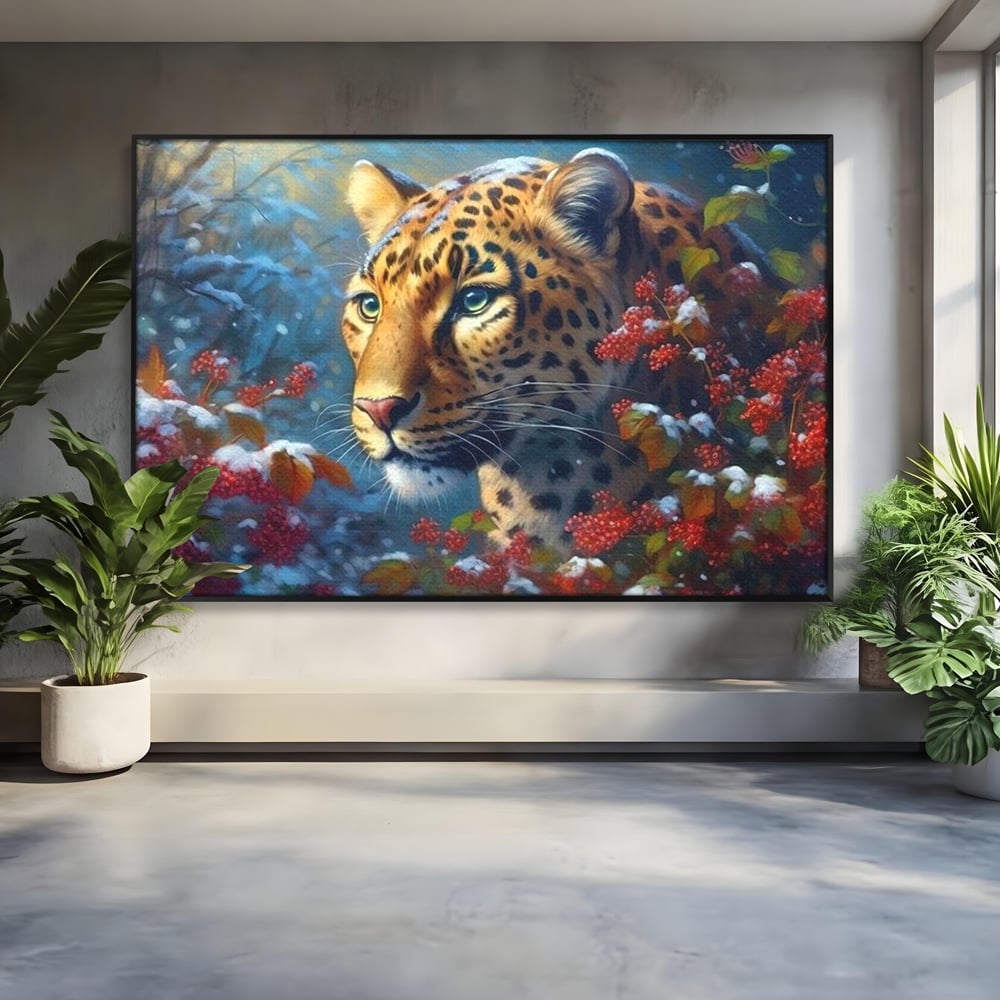 Tablou Canvas Premium, LuxCanva® M1235, Iarna in Salbaticie, Jaguar, Zapada, Vegetatie, Felina, Peisaj, Padure, Crengi, Portret, Anotimp, Iarna, Frig, Birou, Living, Camera Copil