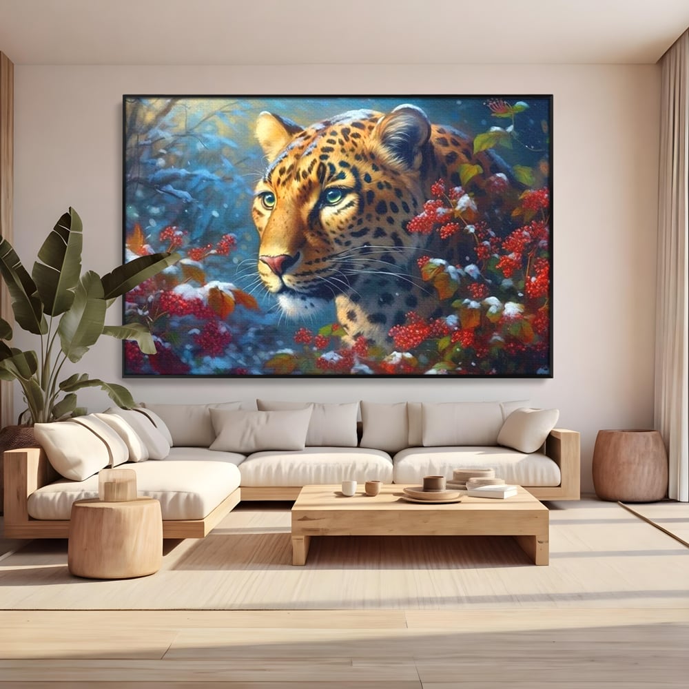 Tablou Canvas Premium, LuxCanva® M1235, Iarna in Salbaticie, Jaguar, Zapada, Vegetatie, Felina, Peisaj, Padure, Crengi, Portret, Anotimp, Iarna, Frig, Birou, Living, Camera Copil