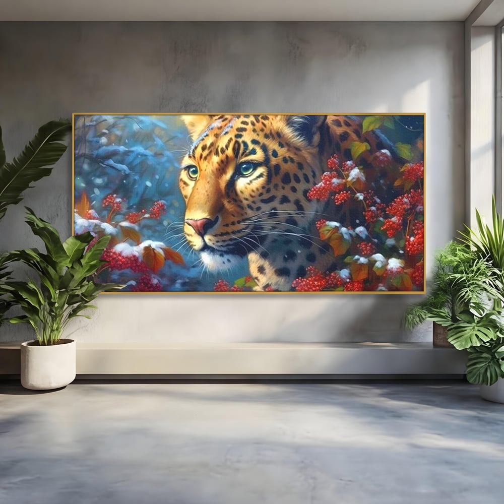Tablou Canvas Premium, LuxCanva® M1235, Iarna in Salbaticie, Jaguar, Zapada, Vegetatie, Felina, Peisaj, Padure, Crengi, Portret, Anotimp, Iarna, Frig, Birou, Living, Camera Copil