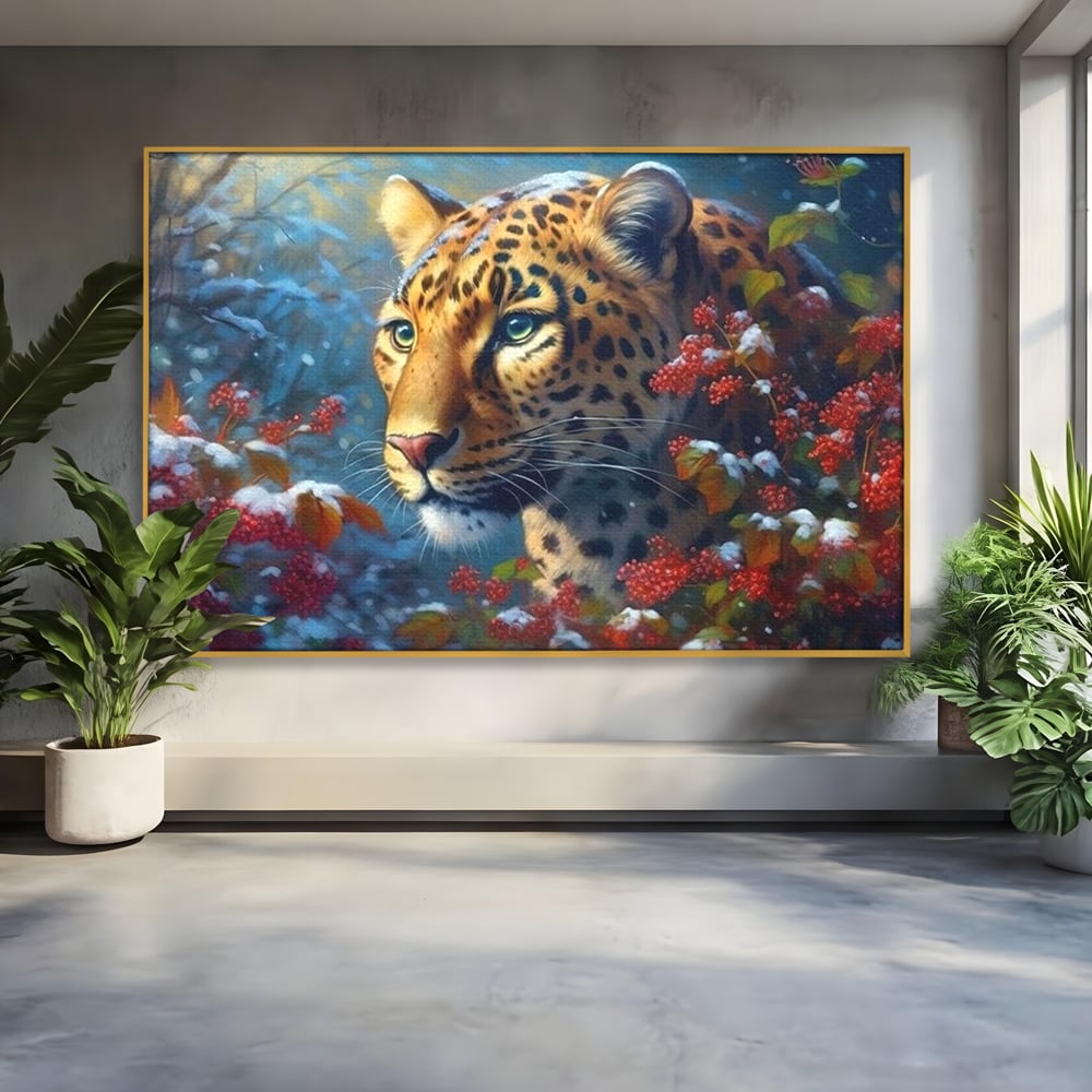 Tablou Canvas Premium, LuxCanva® M1235, Iarna in Salbaticie, Jaguar, Zapada, Vegetatie, Felina, Peisaj, Padure, Crengi, Portret, Anotimp, Iarna, Frig, Birou, Living, Camera Copil