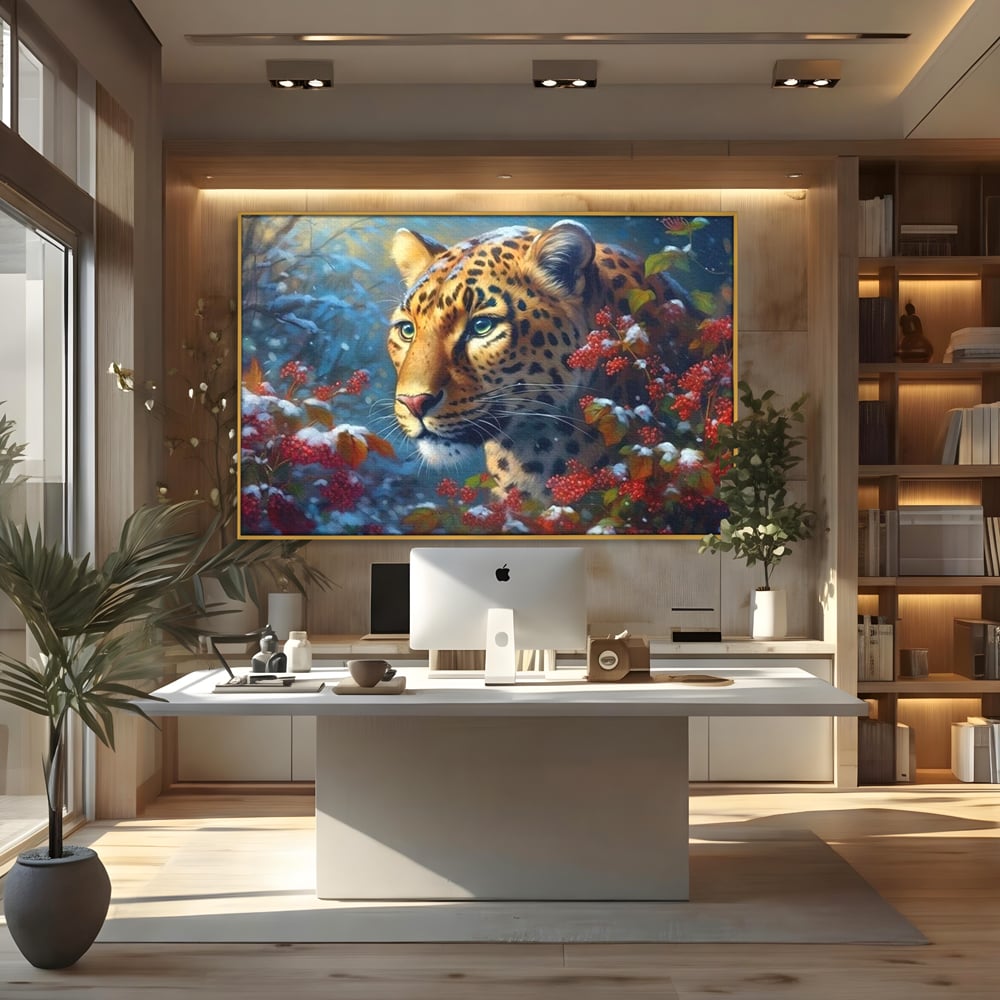 Tablou Canvas Premium, LuxCanva® M1235, Iarna in Salbaticie, Jaguar, Zapada, Vegetatie, Felina, Peisaj, Padure, Crengi, Portret, Anotimp, Iarna, Frig, Birou, Living, Camera Copil