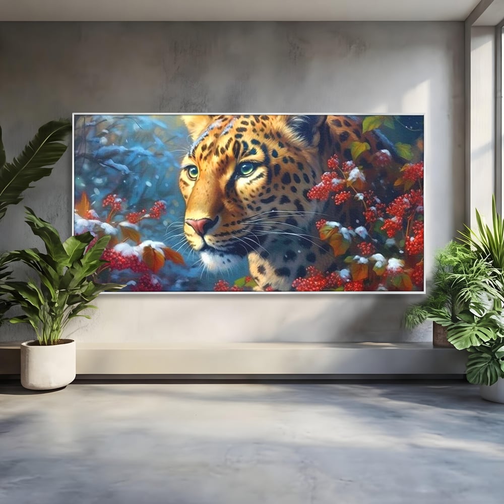 Tablou Canvas Premium, LuxCanva® M1235, Iarna in Salbaticie, Jaguar, Zapada, Vegetatie, Felina, Peisaj, Padure, Crengi, Portret, Anotimp, Iarna, Frig, Birou, Living, Camera Copil