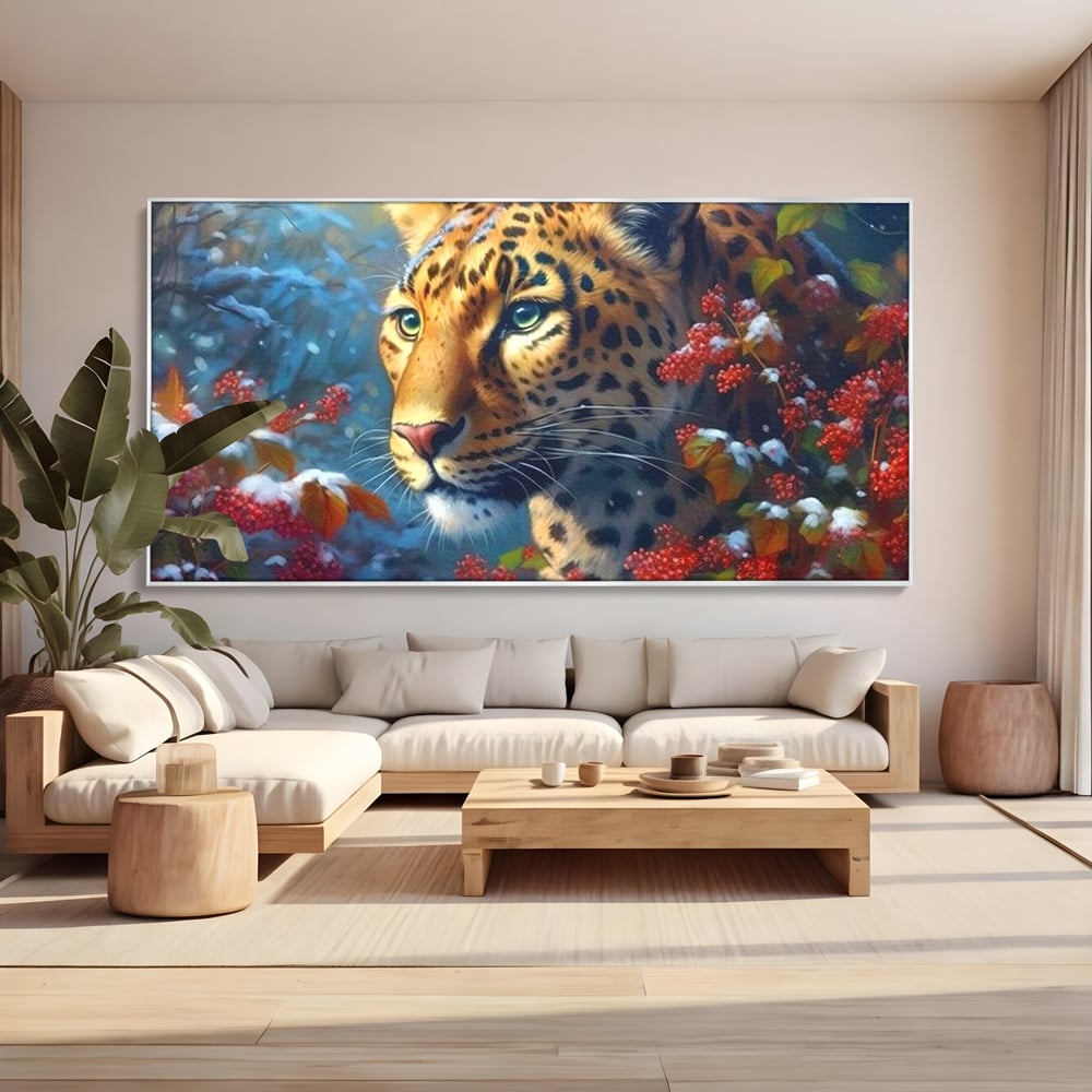 Tablou Canvas Premium, LuxCanva® M1235, Iarna in Salbaticie, Jaguar, Zapada, Vegetatie, Felina, Peisaj, Padure, Crengi, Portret, Anotimp, Iarna, Frig, Birou, Living, Camera Copil