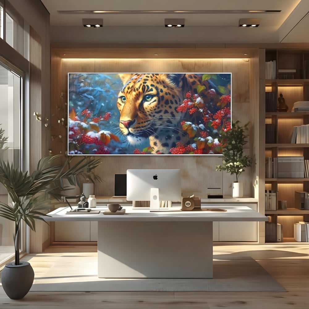 Tablou Canvas Premium, LuxCanva® M1235, Iarna in Salbaticie, Jaguar, Zapada, Vegetatie, Felina, Peisaj, Padure, Crengi, Portret, Anotimp, Iarna, Frig, Birou, Living, Camera Copil