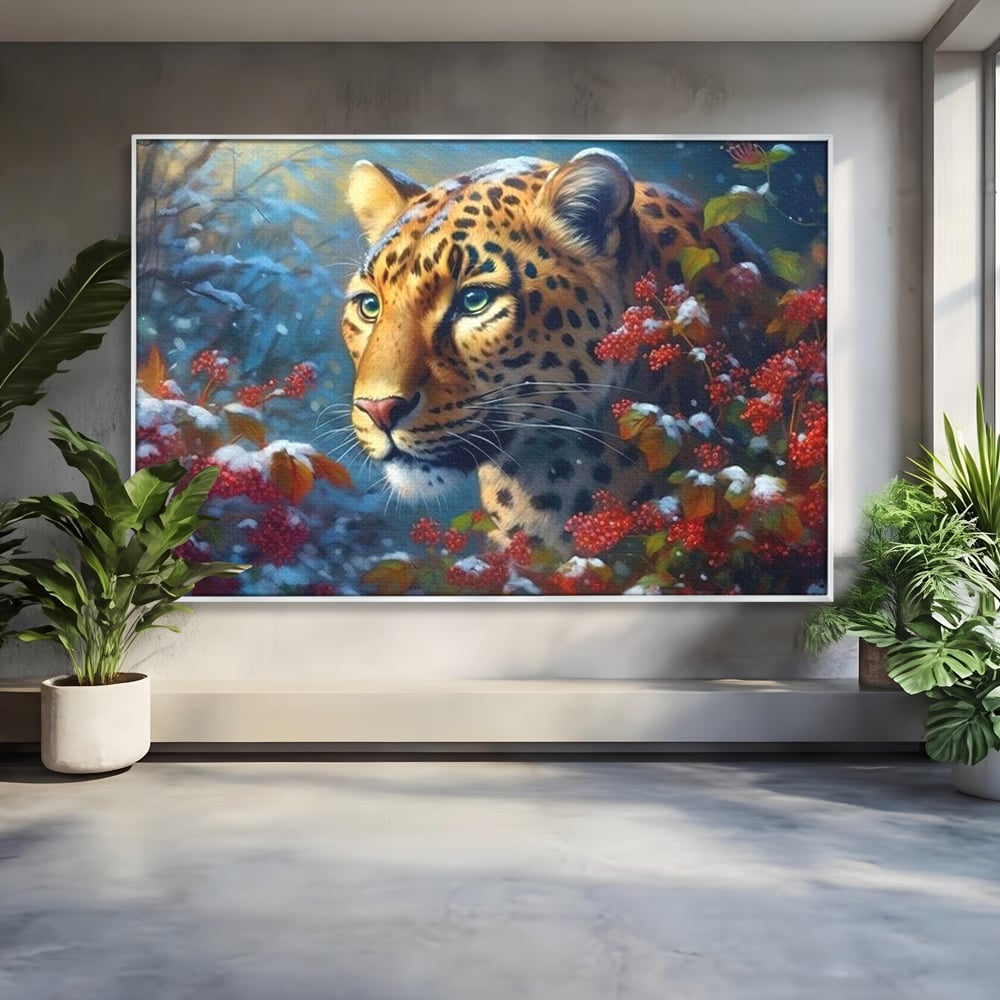 Tablou Canvas Premium, LuxCanva® M1235, Iarna in Salbaticie, Jaguar, Zapada, Vegetatie, Felina, Peisaj, Padure, Crengi, Portret, Anotimp, Iarna, Frig, Birou, Living, Camera Copil