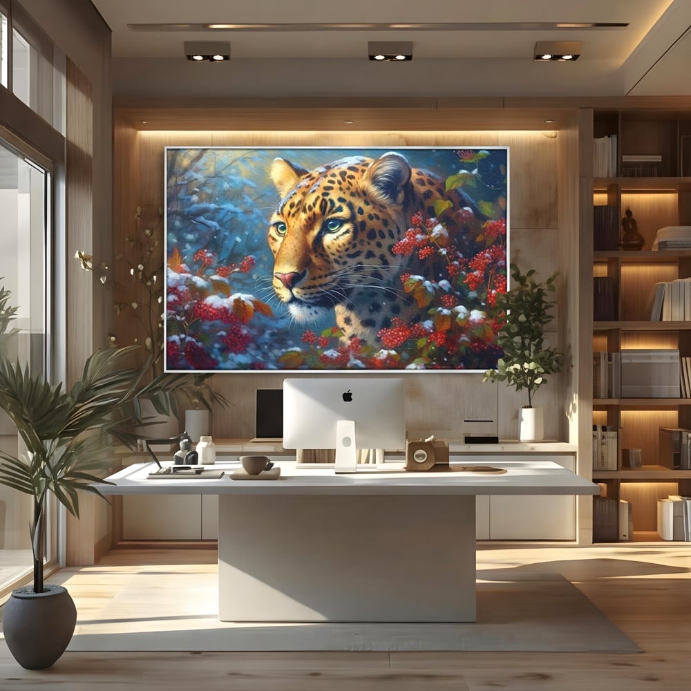 Tablou Canvas Premium, LuxCanva® M1235, Iarna in Salbaticie, Jaguar, Zapada, Vegetatie, Felina, Peisaj, Padure, Crengi, Portret, Anotimp, Iarna, Frig, Birou, Living, Camera Copil