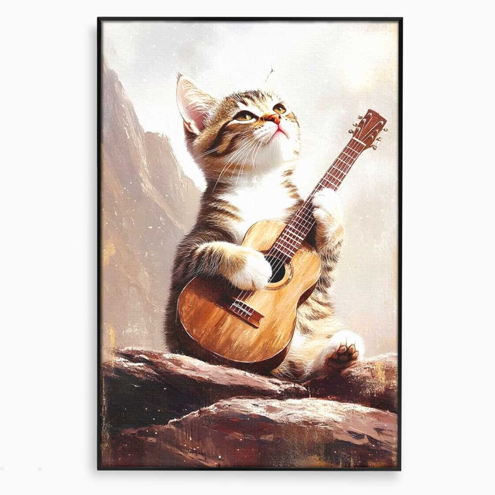 Leinwand Wandkunst Leinwand Wandkunst Premium, LuxCanva® M1236, Ballade der einsamen Katze, Gitarre, Musik, Katze, Berg, Serenade, Serenade, Feline, Rustikal, Rhapsodie, Decke, Stanca, Büro, Wohnen, Kinderzimmer