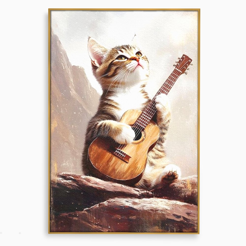 Leinwand Wandkunst Leinwand Wandkunst Premium, LuxCanva® M1236, Ballade der einsamen Katze, Gitarre, Musik, Katze, Berg, Serenade, Serenade, Feline, Rustikal, Rhapsodie, Decke, Stanca, Büro, Wohnen, Kinderzimmer