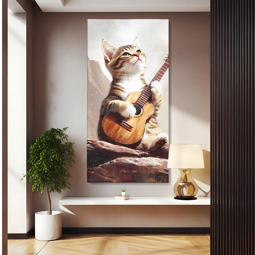 Leinwand Wandkunst Leinwand Wandkunst Premium, LuxCanva® M1236, Ballade der einsamen Katze, Gitarre, Musik, Katze, Berg, Serenade, Serenade, Feline, Rustikal, Rhapsodie, Decke, Stanca, Büro, Wohnen, Kinderzimmer