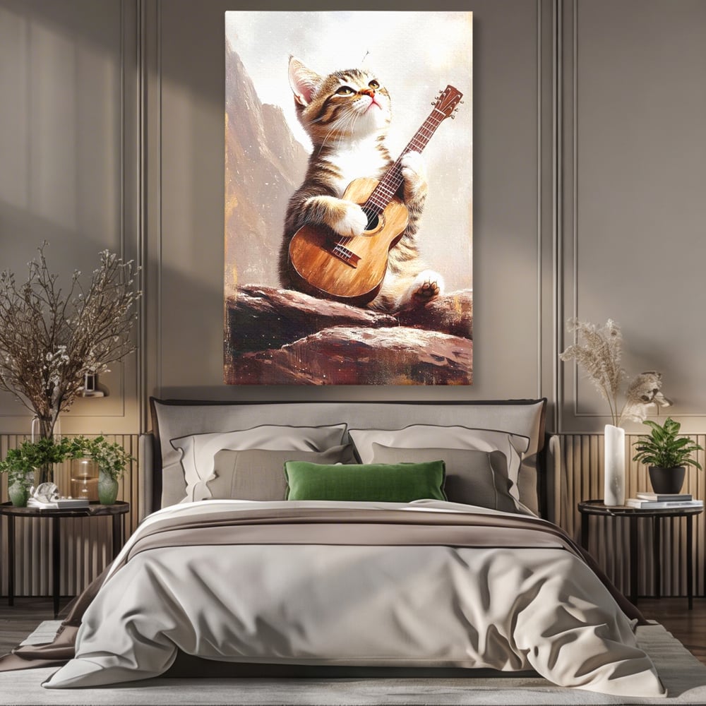Leinwand Wandkunst Leinwand Wandkunst Premium, LuxCanva® M1236, Ballade der einsamen Katze, Gitarre, Musik, Katze, Berg, Serenade, Serenade, Feline, Rustikal, Rhapsodie, Decke, Stanca, Büro, Wohnen, Kinderzimmer