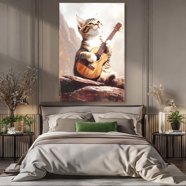 Leinwand Wandkunst Leinwand Wandkunst Premium, LuxCanva® M1236, Ballade der einsamen Katze, Gitarre, Musik, Katze, Berg, Serenade, Serenade, Feline, Rustikal, Rhapsodie, Decke, Stanca, Büro, Wohnen, Kinderzimmer