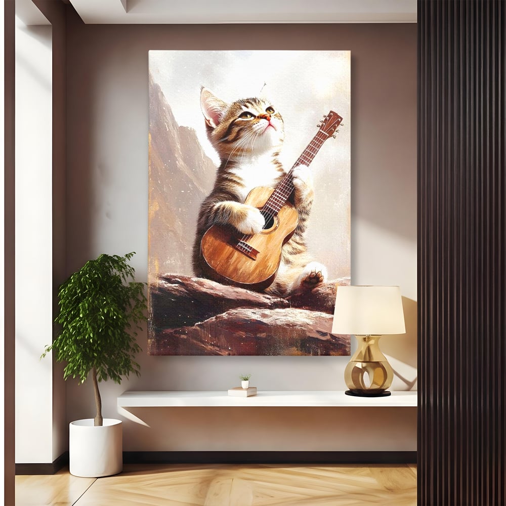 Leinwand Wandkunst Leinwand Wandkunst Premium, LuxCanva® M1236, Ballade der einsamen Katze, Gitarre, Musik, Katze, Berg, Serenade, Serenade, Feline, Rustikal, Rhapsodie, Decke, Stanca, Büro, Wohnen, Kinderzimmer
