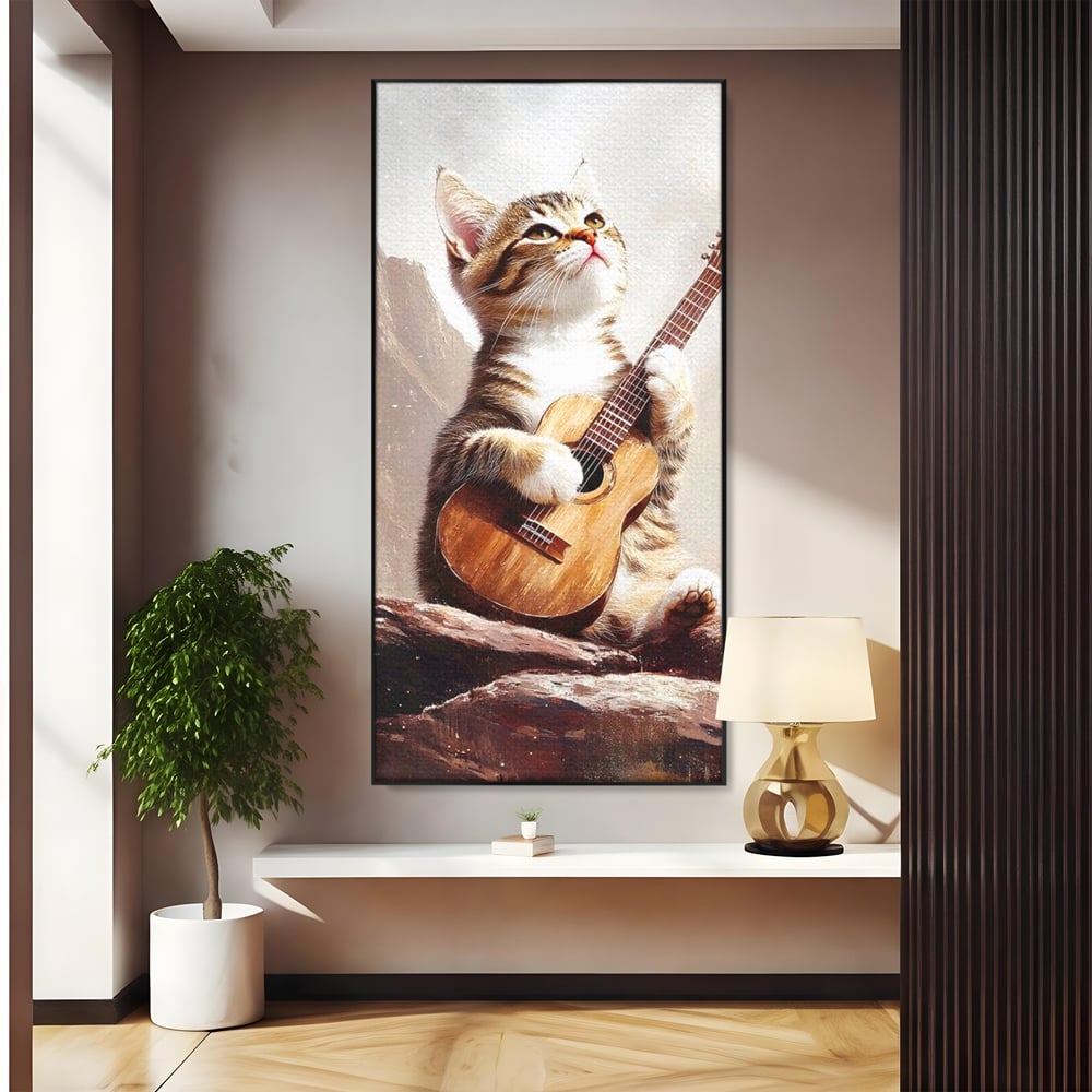Leinwand Wandkunst Leinwand Wandkunst Premium, LuxCanva® M1236, Ballade der einsamen Katze, Gitarre, Musik, Katze, Berg, Serenade, Serenade, Feline, Rustikal, Rhapsodie, Decke, Stanca, Büro, Wohnen, Kinderzimmer