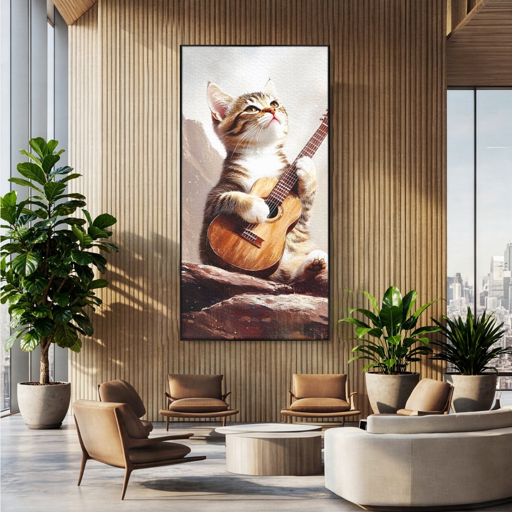 Leinwand Wandkunst Leinwand Wandkunst Premium, LuxCanva® M1236, Ballade der einsamen Katze, Gitarre, Musik, Katze, Berg, Serenade, Serenade, Feline, Rustikal, Rhapsodie, Decke, Stanca, Büro, Wohnen, Kinderzimmer