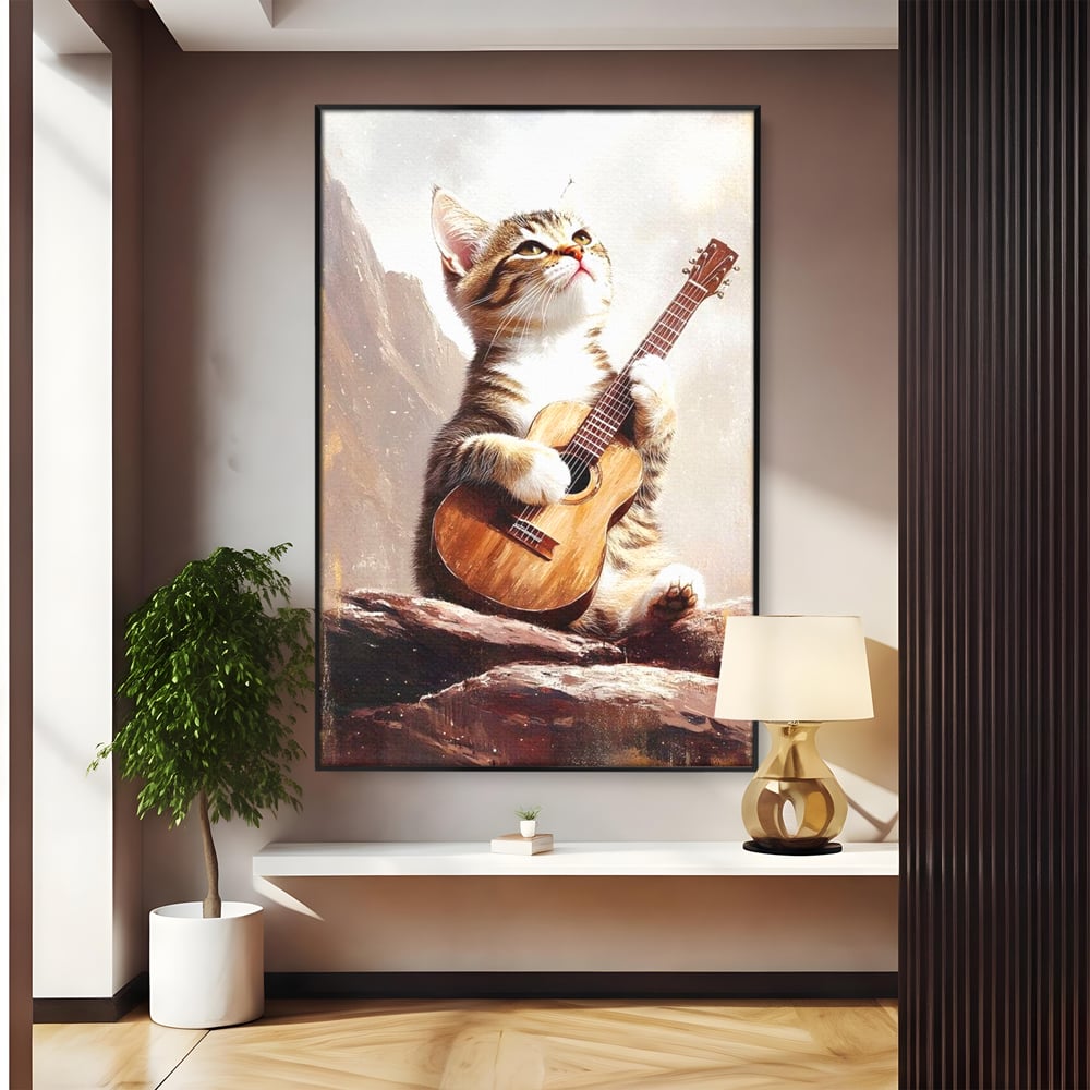 Leinwand Wandkunst Leinwand Wandkunst Premium, LuxCanva® M1236, Ballade der einsamen Katze, Gitarre, Musik, Katze, Berg, Serenade, Serenade, Feline, Rustikal, Rhapsodie, Decke, Stanca, Büro, Wohnen, Kinderzimmer