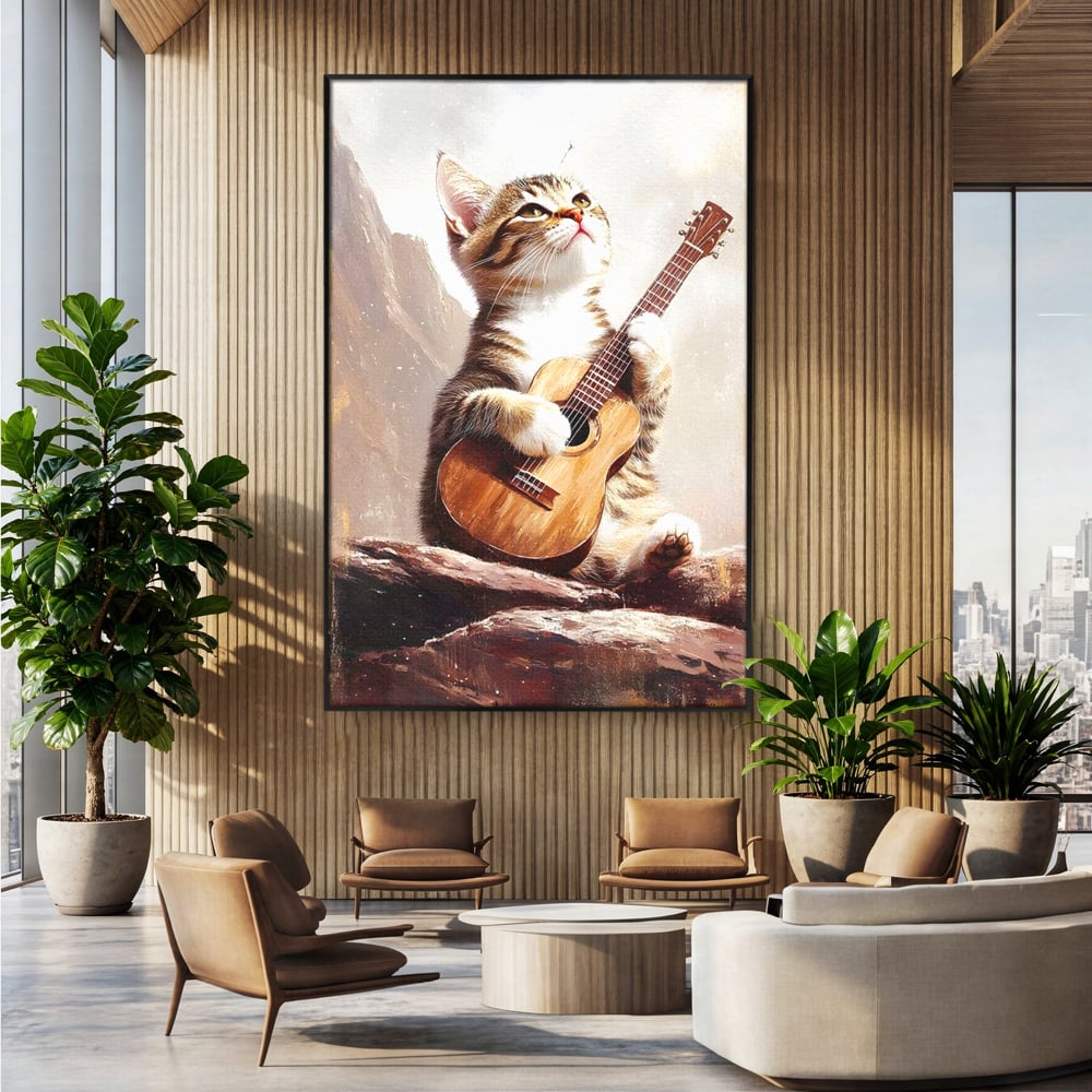 Leinwand Wandkunst Leinwand Wandkunst Premium, LuxCanva® M1236, Ballade der einsamen Katze, Gitarre, Musik, Katze, Berg, Serenade, Serenade, Feline, Rustikal, Rhapsodie, Decke, Stanca, Büro, Wohnen, Kinderzimmer
