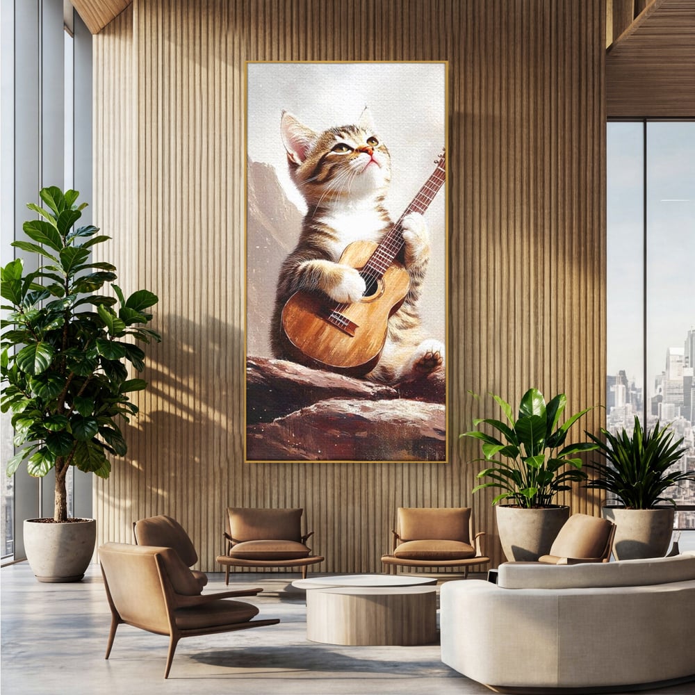 Leinwand Wandkunst Leinwand Wandkunst Premium, LuxCanva® M1236, Ballade der einsamen Katze, Gitarre, Musik, Katze, Berg, Serenade, Serenade, Feline, Rustikal, Rhapsodie, Decke, Stanca, Büro, Wohnen, Kinderzimmer
