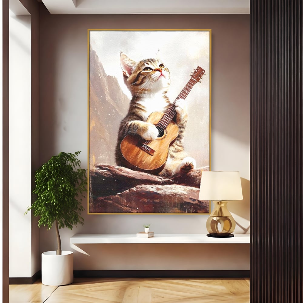 Leinwand Wandkunst Leinwand Wandkunst Premium, LuxCanva® M1236, Ballade der einsamen Katze, Gitarre, Musik, Katze, Berg, Serenade, Serenade, Feline, Rustikal, Rhapsodie, Decke, Stanca, Büro, Wohnen, Kinderzimmer