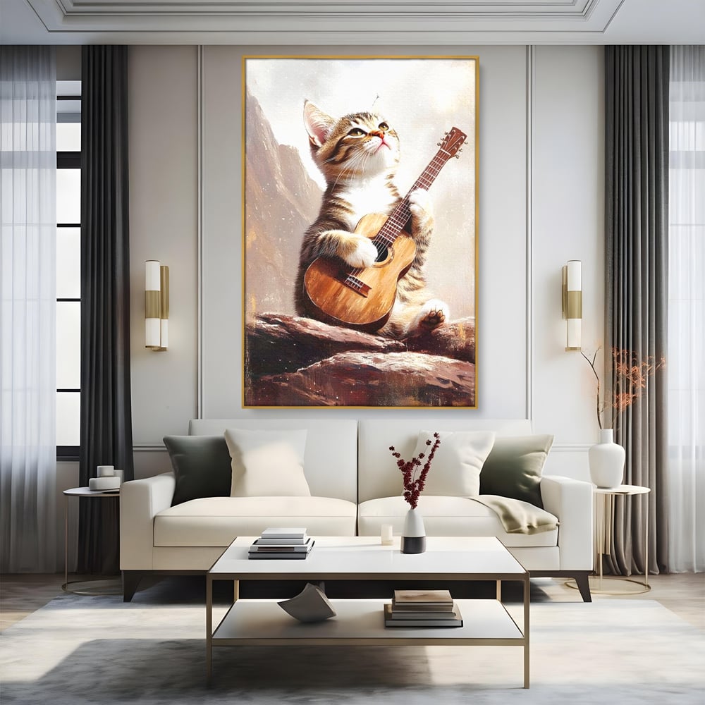 Leinwand Wandkunst Leinwand Wandkunst Premium, LuxCanva® M1236, Ballade der einsamen Katze, Gitarre, Musik, Katze, Berg, Serenade, Serenade, Feline, Rustikal, Rhapsodie, Decke, Stanca, Büro, Wohnen, Kinderzimmer