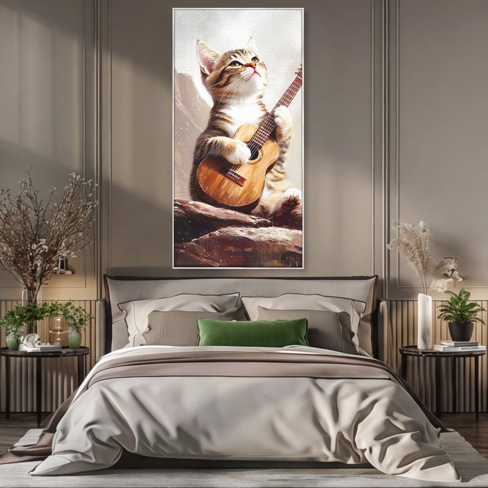 Leinwand Wandkunst Leinwand Wandkunst Premium, LuxCanva® M1236, Ballade der einsamen Katze, Gitarre, Musik, Katze, Berg, Serenade, Serenade, Feline, Rustikal, Rhapsodie, Decke, Stanca, Büro, Wohnen, Kinderzimmer