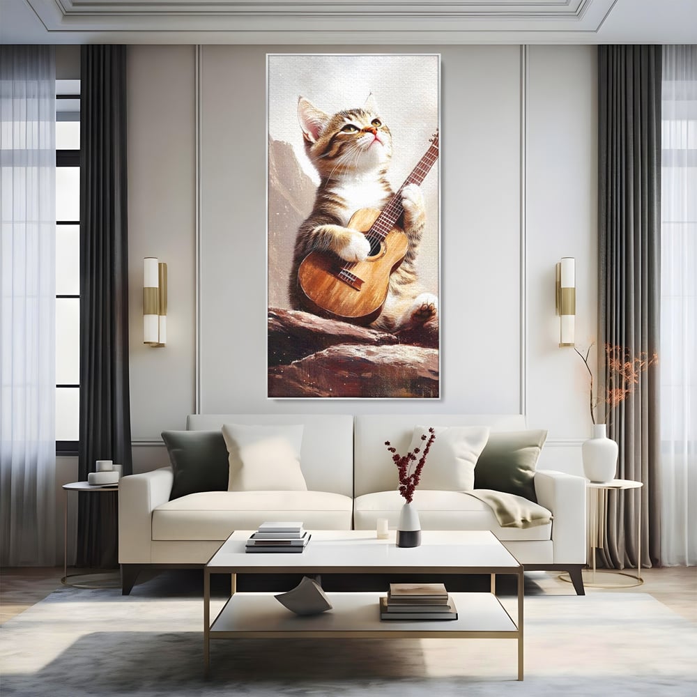 Leinwand Wandkunst Leinwand Wandkunst Premium, LuxCanva® M1236, Ballade der einsamen Katze, Gitarre, Musik, Katze, Berg, Serenade, Serenade, Feline, Rustikal, Rhapsodie, Decke, Stanca, Büro, Wohnen, Kinderzimmer