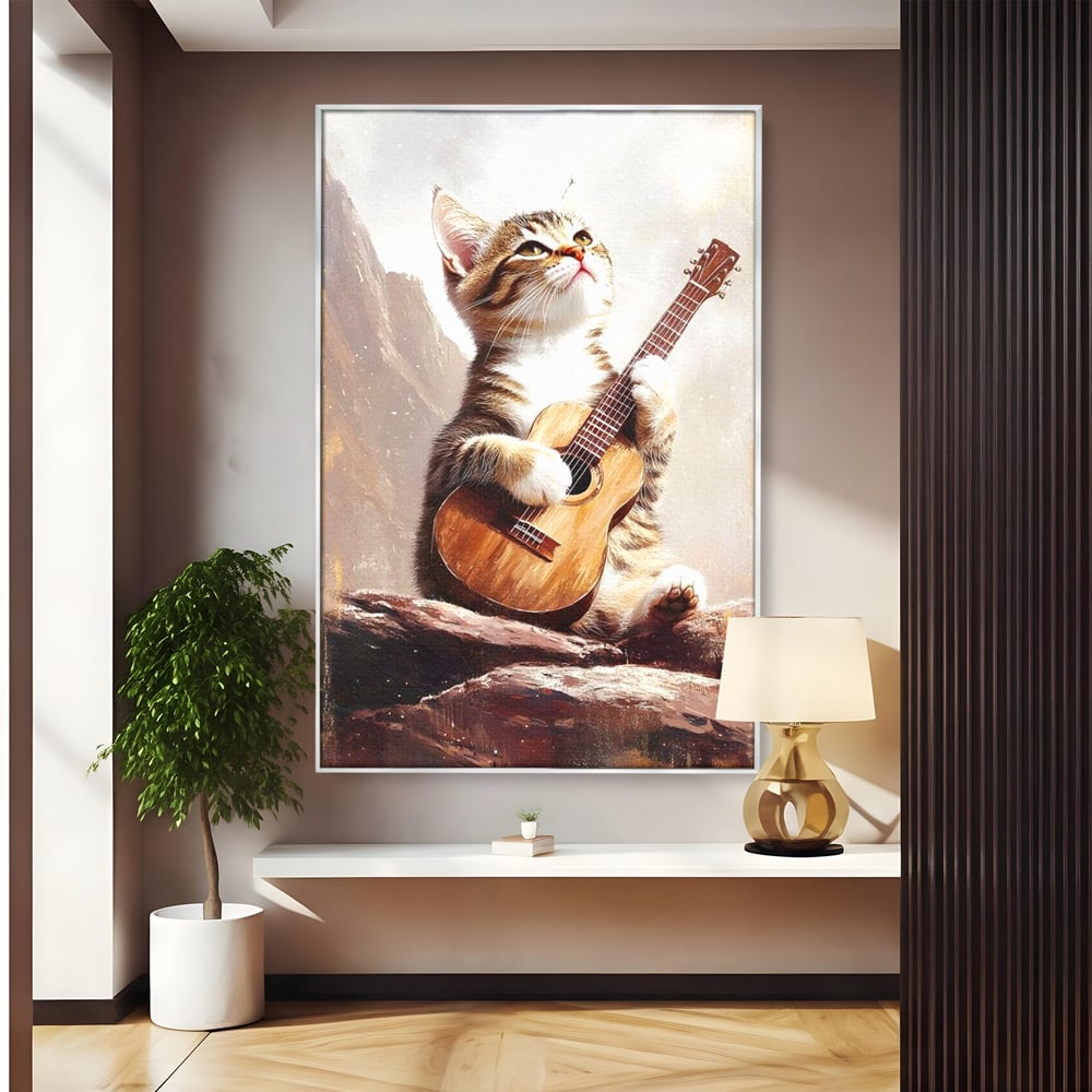 Leinwand Wandkunst Leinwand Wandkunst Premium, LuxCanva® M1236, Ballade der einsamen Katze, Gitarre, Musik, Katze, Berg, Serenade, Serenade, Feline, Rustikal, Rhapsodie, Decke, Stanca, Büro, Wohnen, Kinderzimmer