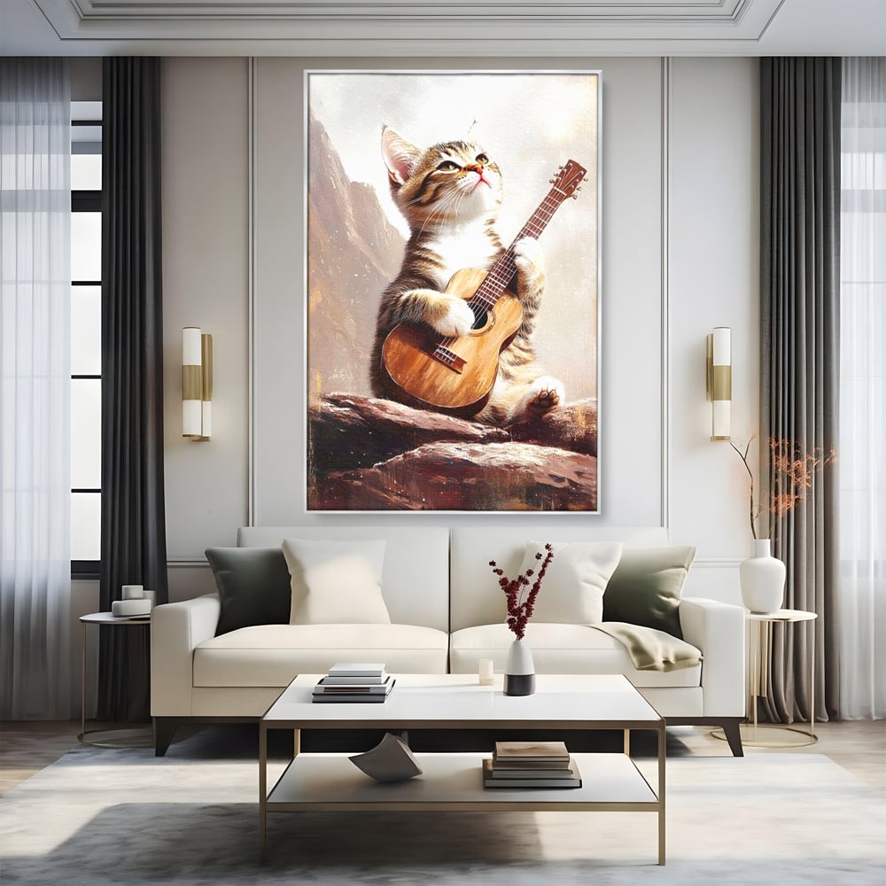 Leinwand Wandkunst Leinwand Wandkunst Premium, LuxCanva® M1236, Ballade der einsamen Katze, Gitarre, Musik, Katze, Berg, Serenade, Serenade, Feline, Rustikal, Rhapsodie, Decke, Stanca, Büro, Wohnen, Kinderzimmer