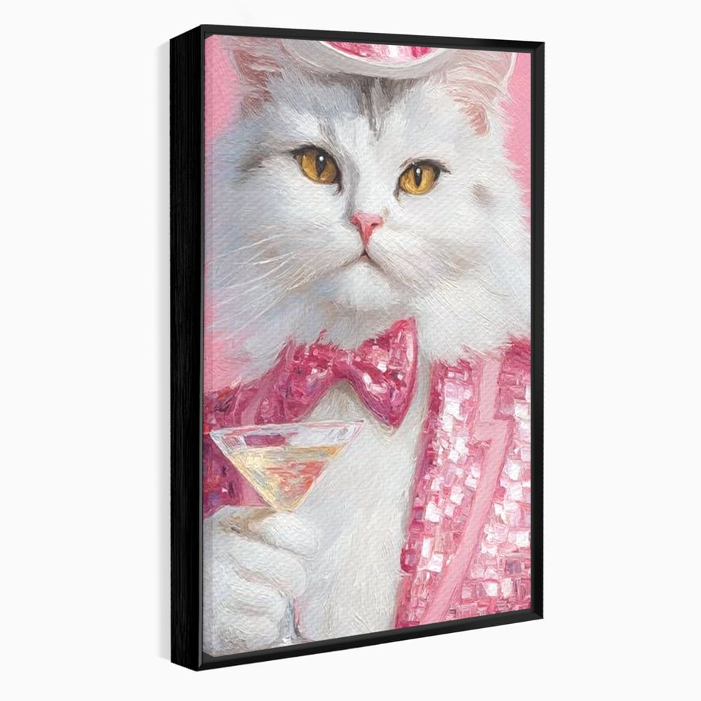Tablou Canvas Premium, LuxCanva® M1237, Invitatie la un Martini, Cocktail, Pahar, Martini, Costum, Gentleman, Pisica, Roz, Paiete, Moda, Party, Felina, Papion, Elegant, Birou, Living, Camera Copil