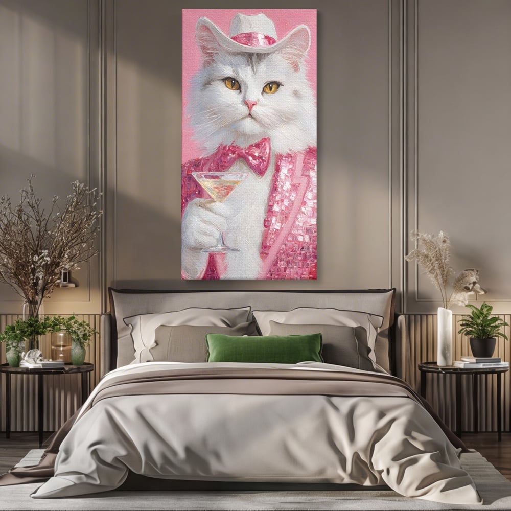 Tablou Canvas Premium, LuxCanva® M1237, Invitatie la un Martini, Cocktail, Pahar, Martini, Costum, Gentleman, Pisica, Roz, Paiete, Moda, Party, Felina, Papion, Elegant, Birou, Living, Camera Copil