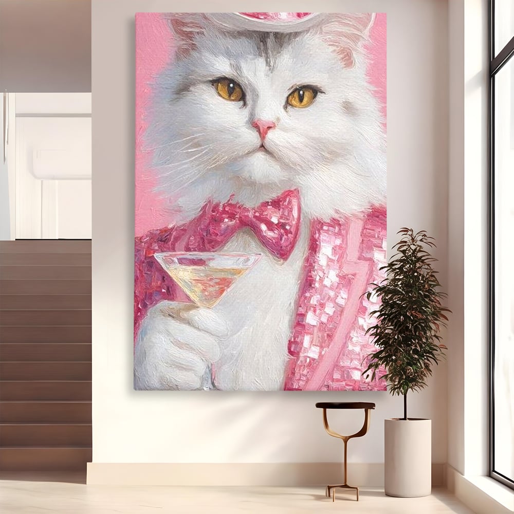 Tablou Canvas Premium, LuxCanva® M1237, Invitatie la un Martini, Cocktail, Pahar, Martini, Costum, Gentleman, Pisica, Roz, Paiete, Moda, Party, Felina, Papion, Elegant, Birou, Living, Camera Copil