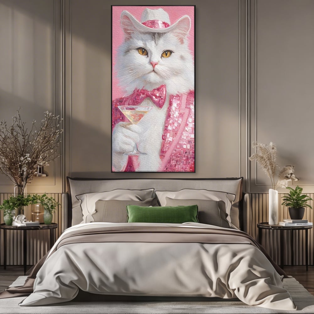 Tablou Canvas Premium, LuxCanva® M1237, Invitatie la un Martini, Cocktail, Pahar, Martini, Costum, Gentleman, Pisica, Roz, Paiete, Moda, Party, Felina, Papion, Elegant, Birou, Living, Camera Copil