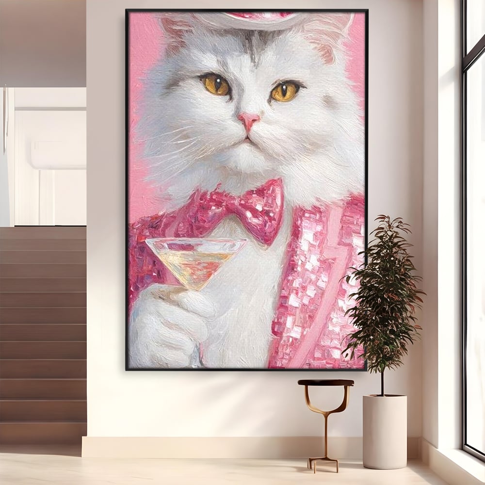 Tablou Canvas Premium, LuxCanva® M1237, Invitatie la un Martini, Cocktail, Pahar, Martini, Costum, Gentleman, Pisica, Roz, Paiete, Moda, Party, Felina, Papion, Elegant, Birou, Living, Camera Copil