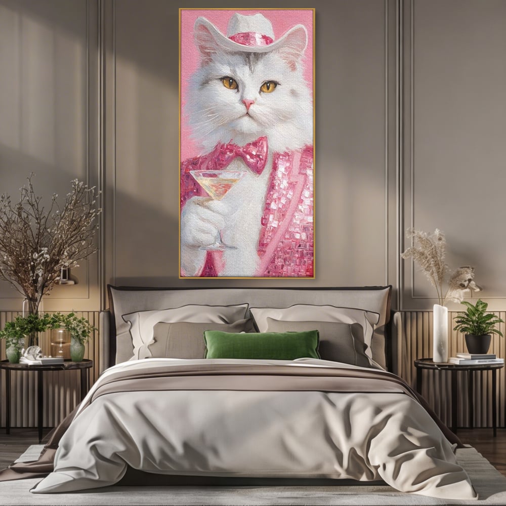 Tablou Canvas Premium, LuxCanva® M1237, Invitatie la un Martini, Cocktail, Pahar, Martini, Costum, Gentleman, Pisica, Roz, Paiete, Moda, Party, Felina, Papion, Elegant, Birou, Living, Camera Copil