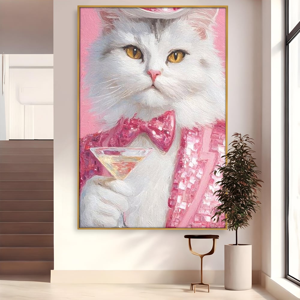 Tablou Canvas Premium, LuxCanva® M1237, Invitatie la un Martini, Cocktail, Pahar, Martini, Costum, Gentleman, Pisica, Roz, Paiete, Moda, Party, Felina, Papion, Elegant, Birou, Living, Camera Copil