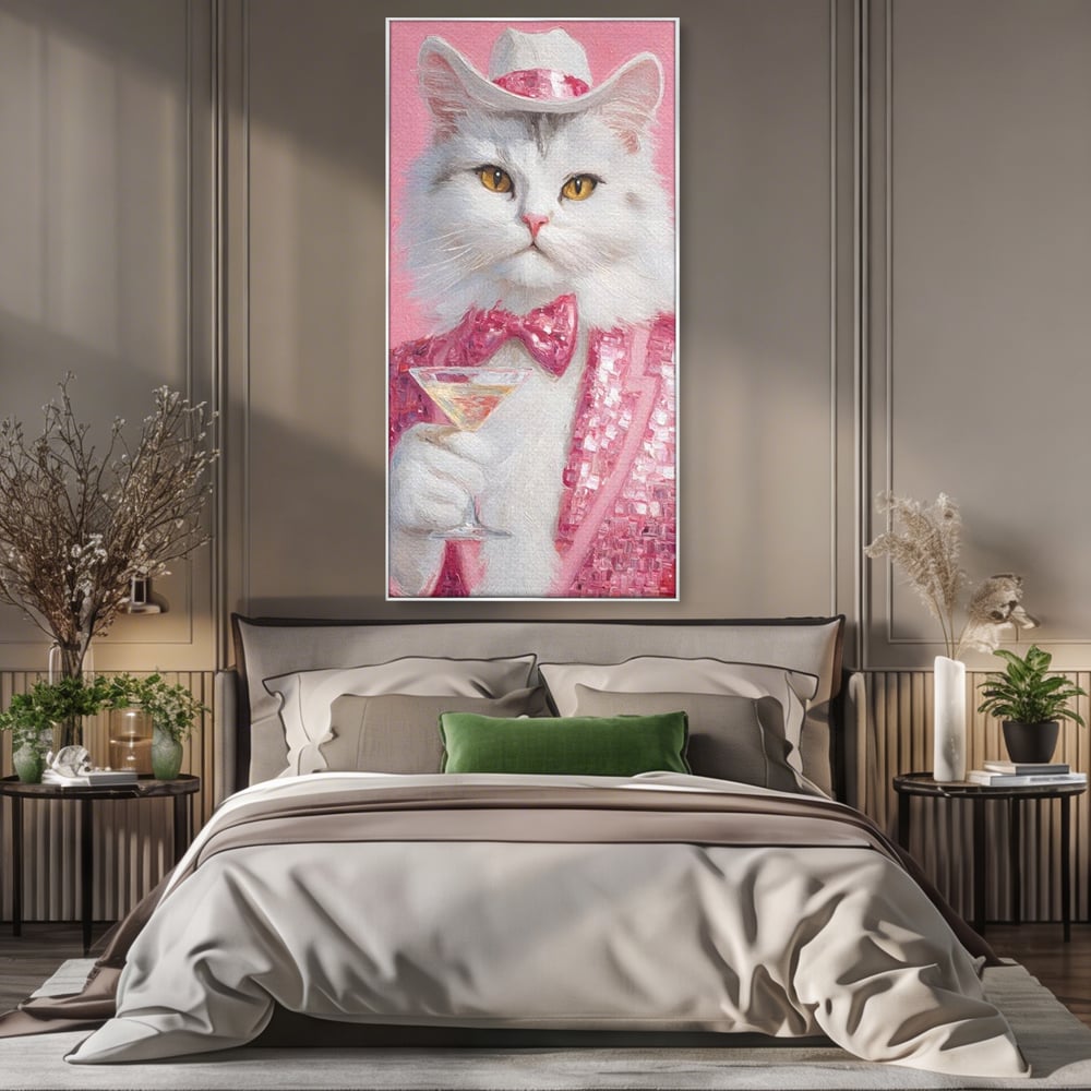 Tablou Canvas Premium, LuxCanva® M1237, Invitatie la un Martini, Cocktail, Pahar, Martini, Costum, Gentleman, Pisica, Roz, Paiete, Moda, Party, Felina, Papion, Elegant, Birou, Living, Camera Copil