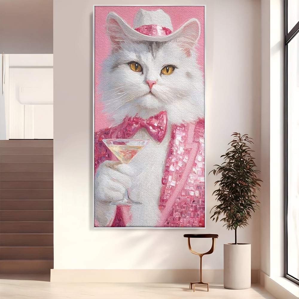 Tablou Canvas Premium, LuxCanva® M1237, Invitatie la un Martini, Cocktail, Pahar, Martini, Costum, Gentleman, Pisica, Roz, Paiete, Moda, Party, Felina, Papion, Elegant, Birou, Living, Camera Copil