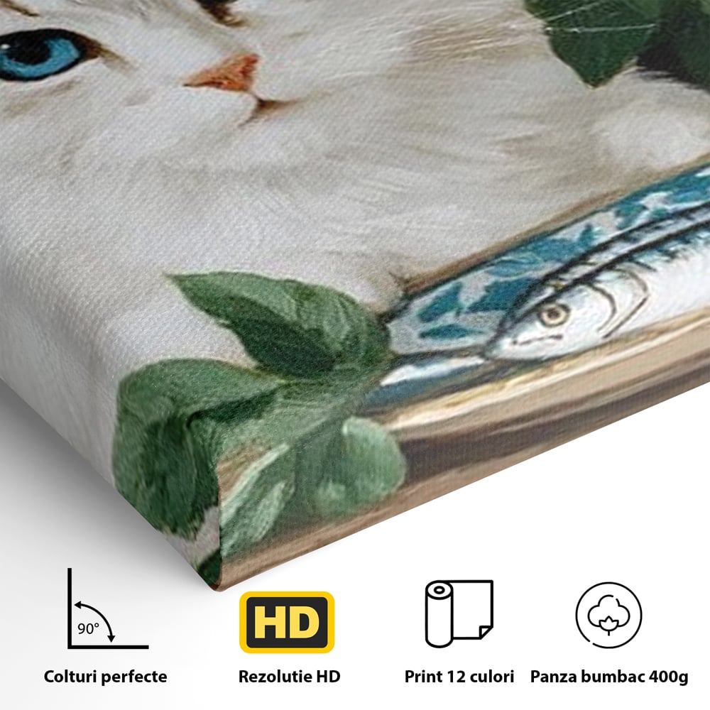 Tablou Canvas Premium, LuxCanva® M1238, Ospat Nobil, Pisica, Portelan, Vaza, Flori, Frunze, Blanita, Peste, Cina, Mancare, Farfurie, Pictura, Ceramica, Birou, Living, Camera Copil