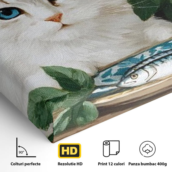 Tablou Canvas Premium, LuxCanva® M1238, Ospat Nobil, Pisica, Portelan, Vaza, Flori, Frunze, Blanita, Peste, Cina, Mancare, Farfurie, Pictura, Ceramica, Birou, Living, Camera Copil