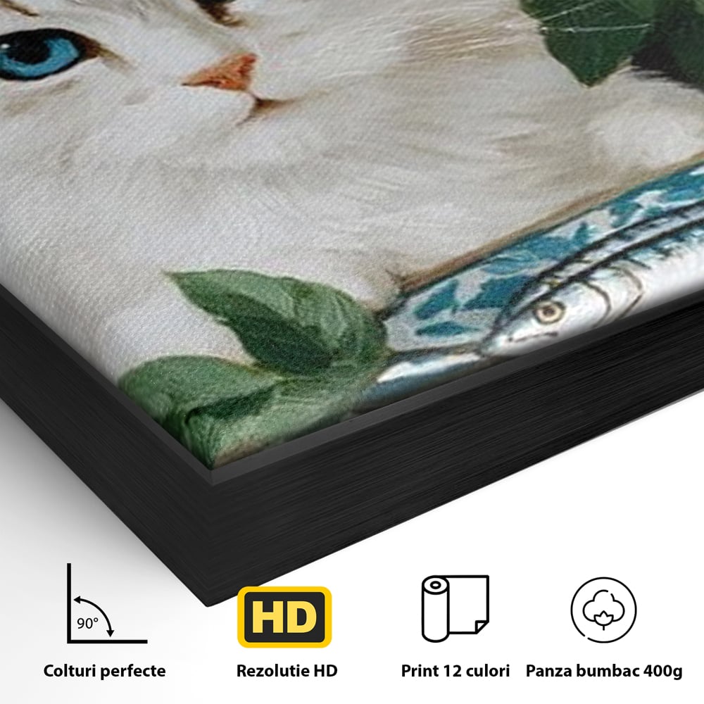 Tablou Canvas Premium, LuxCanva® M1238, Ospat Nobil, Pisica, Portelan, Vaza, Flori, Frunze, Blanita, Peste, Cina, Mancare, Farfurie, Pictura, Ceramica, Birou, Living, Camera Copil