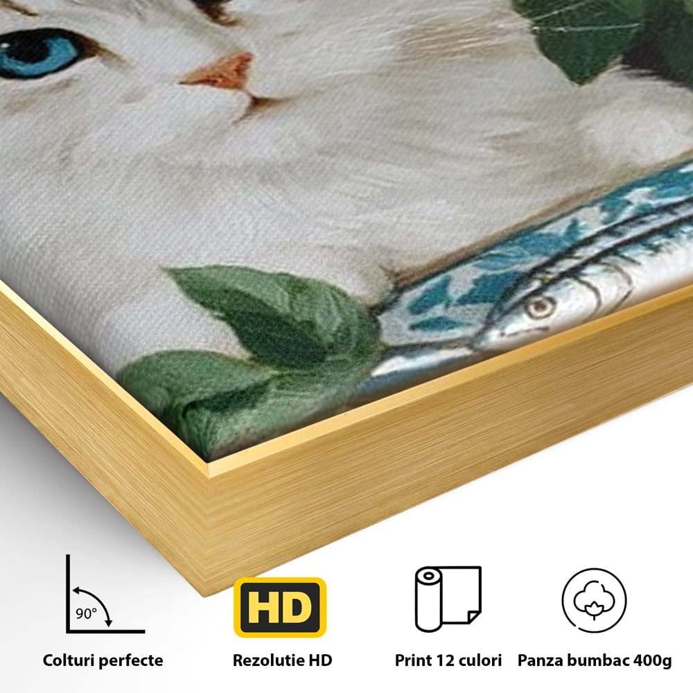 Tablou Canvas Premium, LuxCanva® M1238, Ospat Nobil, Pisica, Portelan, Vaza, Flori, Frunze, Blanita, Peste, Cina, Mancare, Farfurie, Pictura, Ceramica, Birou, Living, Camera Copil