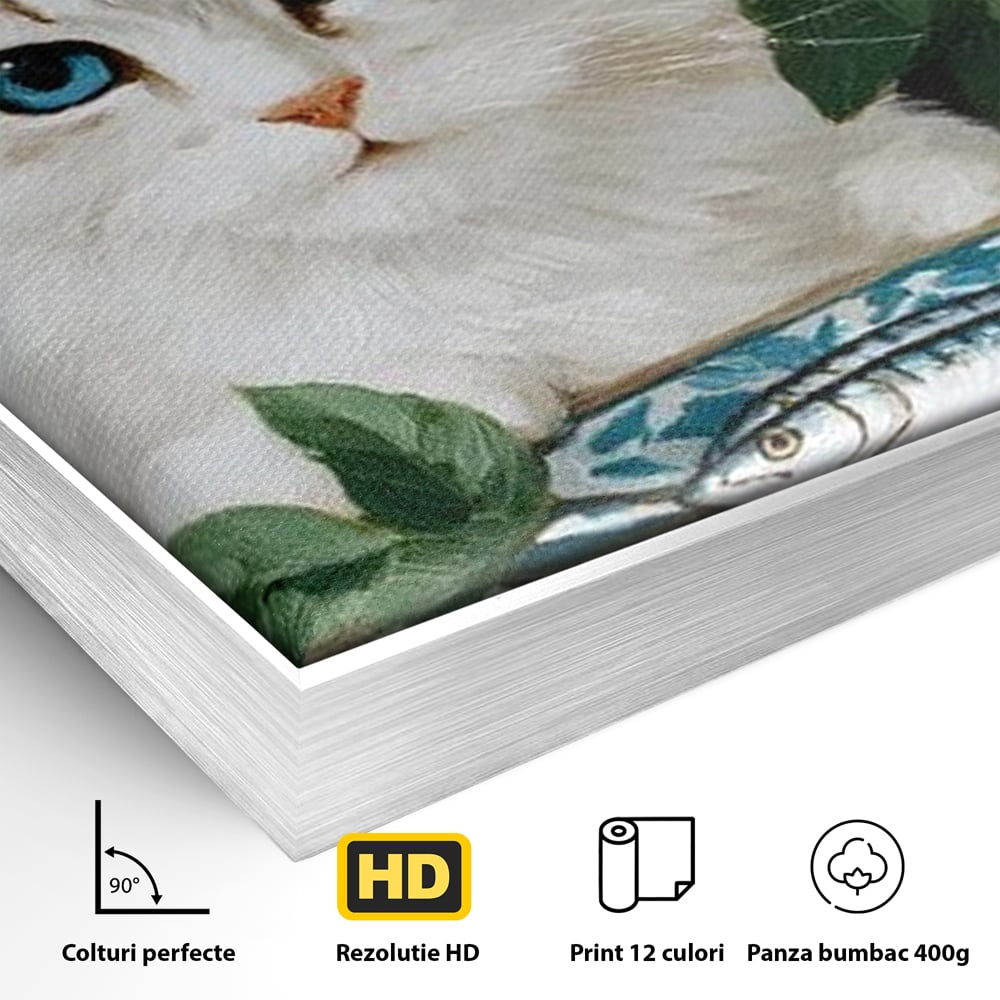 Tablou Canvas Premium, LuxCanva® M1238, Ospat Nobil, Pisica, Portelan, Vaza, Flori, Frunze, Blanita, Peste, Cina, Mancare, Farfurie, Pictura, Ceramica, Birou, Living, Camera Copil