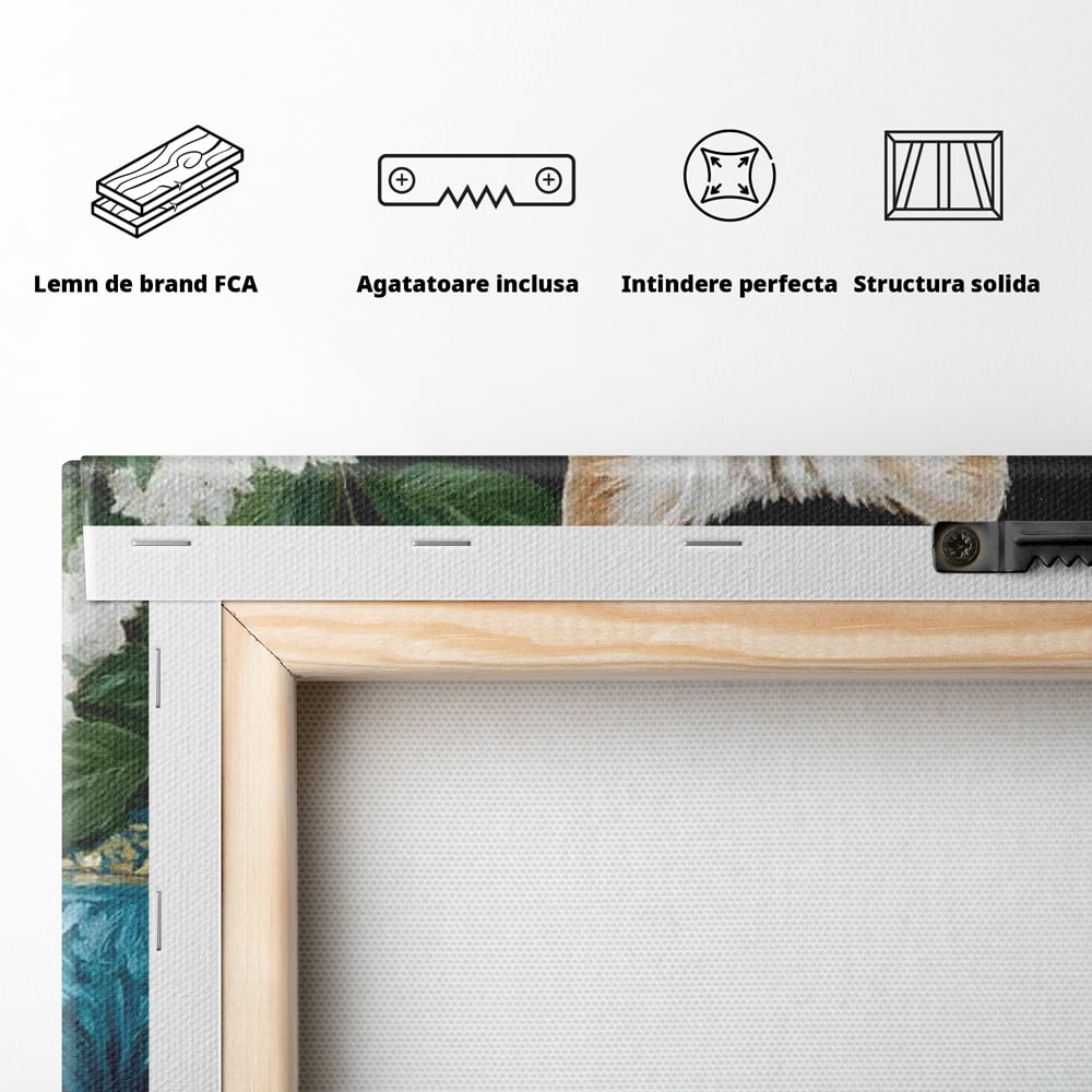 Tablou Canvas Premium, LuxCanva® M1238, Ospat Nobil, Pisica, Portelan, Vaza, Flori, Frunze, Blanita, Peste, Cina, Mancare, Farfurie, Pictura, Ceramica, Birou, Living, Camera Copil