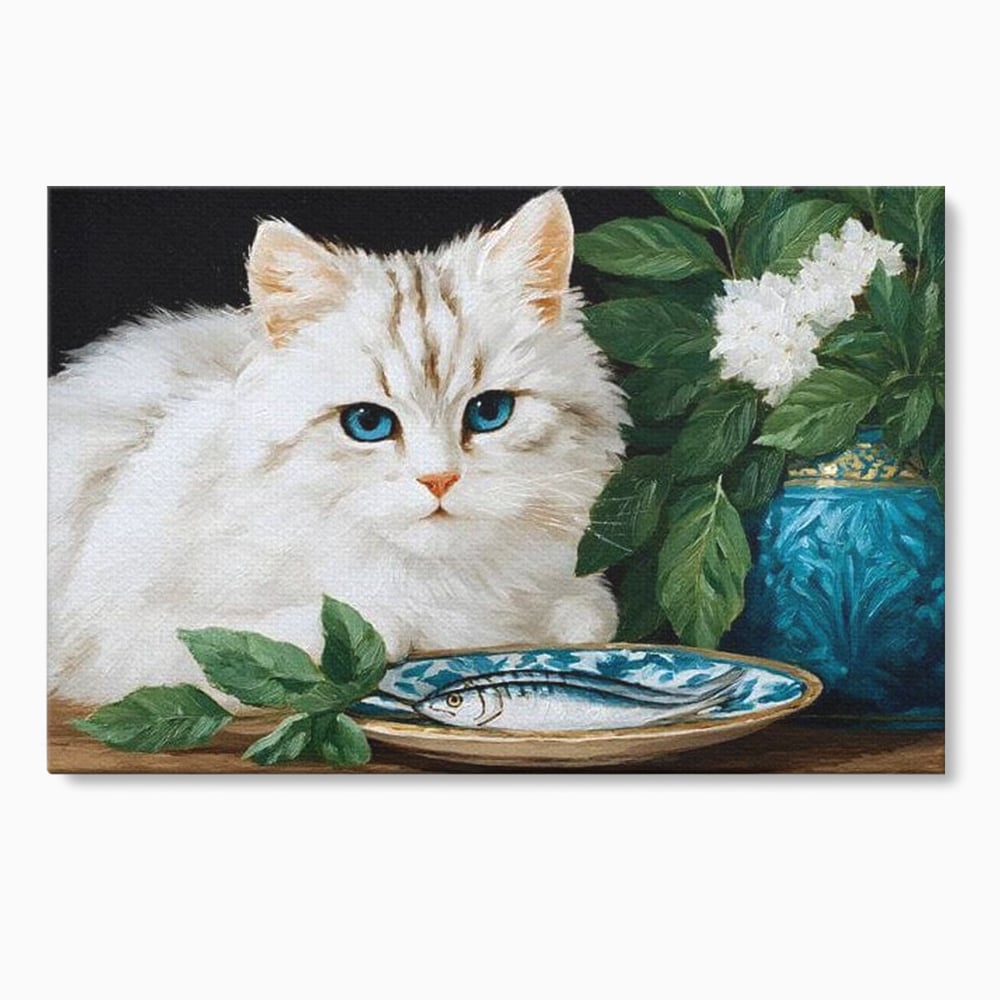 Tablou Canvas Premium, LuxCanva® M1238, Ospat Nobil, Pisica, Portelan, Vaza, Flori, Frunze, Blanita, Peste, Cina, Mancare, Farfurie, Pictura, Ceramica, Birou, Living, Camera Copil