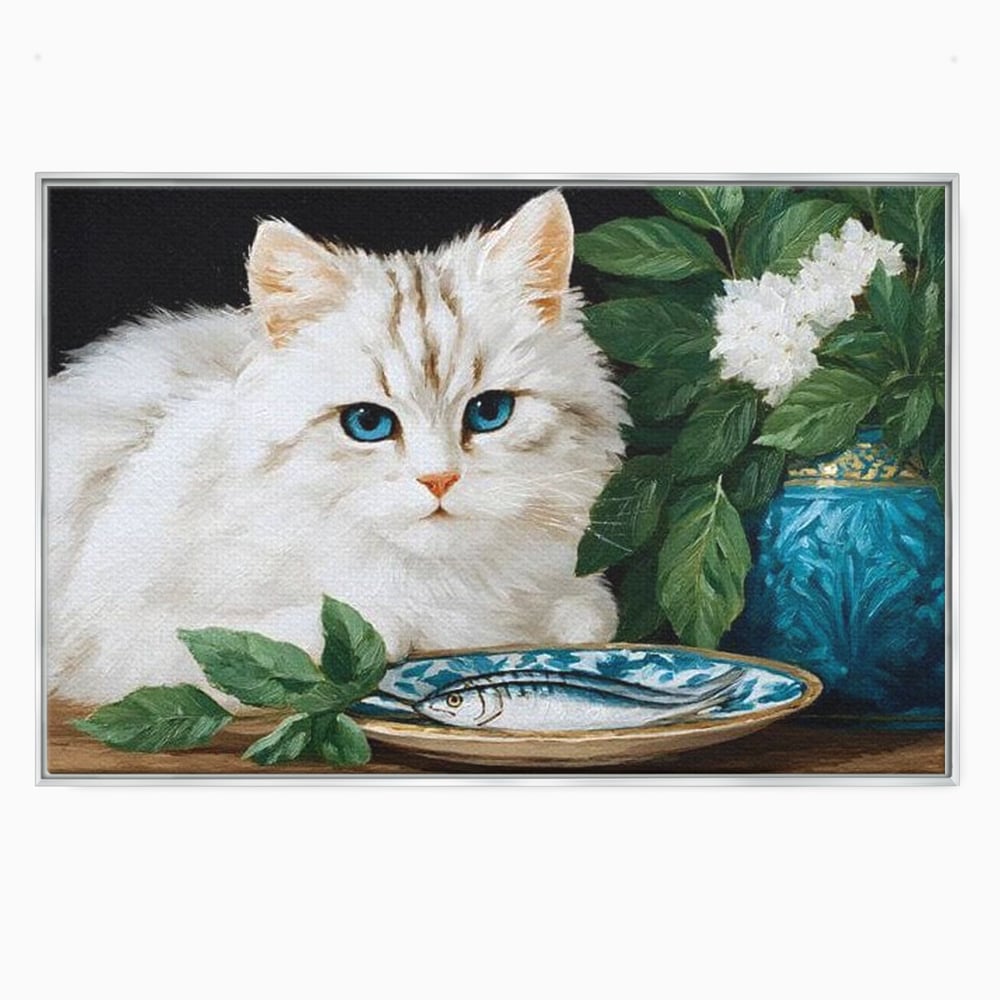 Tablou Canvas Premium, LuxCanva® M1238, Ospat Nobil, Pisica, Portelan, Vaza, Flori, Frunze, Blanita, Peste, Cina, Mancare, Farfurie, Pictura, Ceramica, Birou, Living, Camera Copil