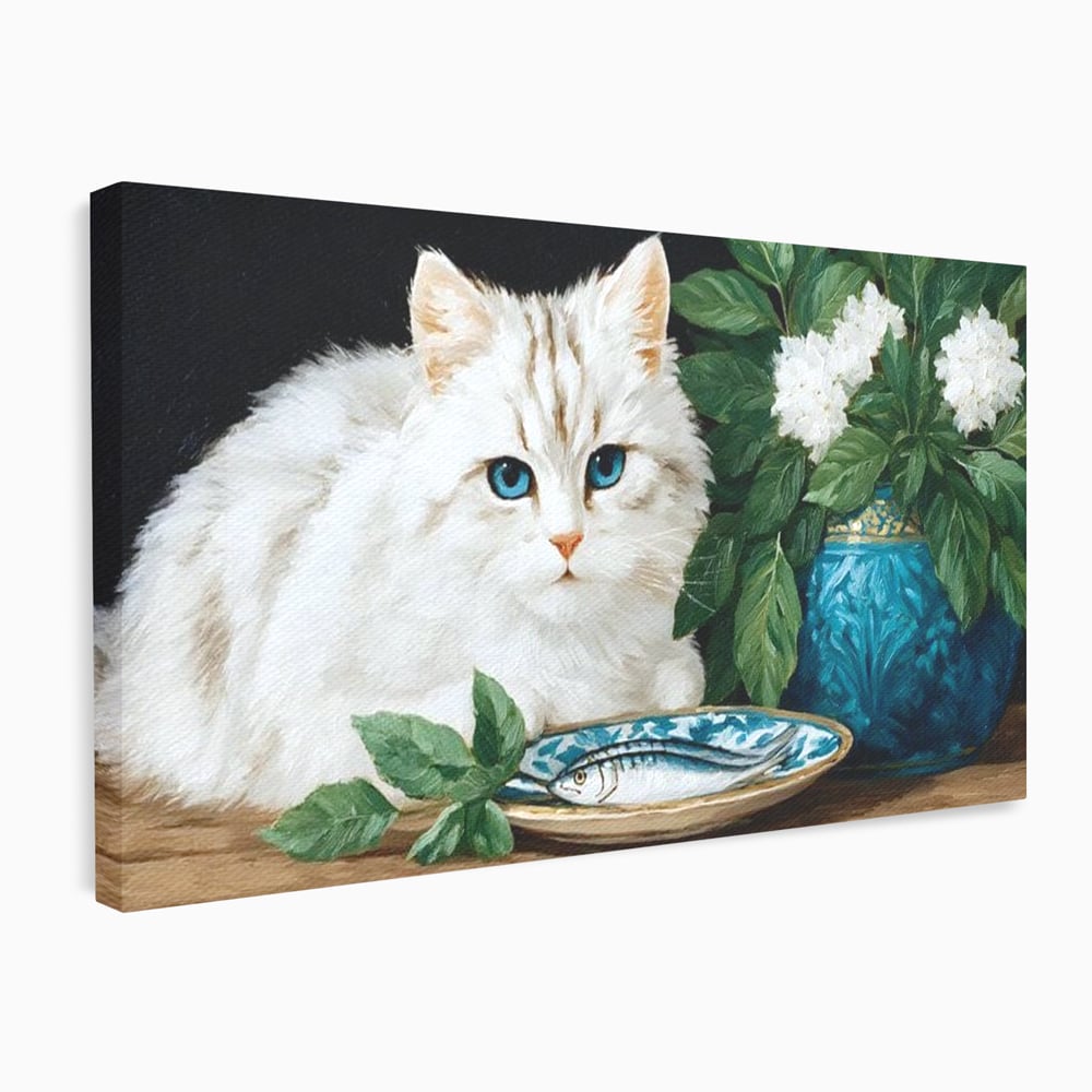 Tablou Canvas Premium, LuxCanva® M1238, Ospat Nobil, Pisica, Portelan, Vaza, Flori, Frunze, Blanita, Peste, Cina, Mancare, Farfurie, Pictura, Ceramica, Birou, Living, Camera Copil