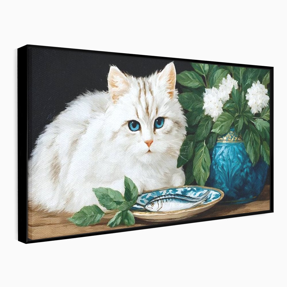 Tablou Canvas Premium, LuxCanva® M1238, Ospat Nobil, Pisica, Portelan, Vaza, Flori, Frunze, Blanita, Peste, Cina, Mancare, Farfurie, Pictura, Ceramica, Birou, Living, Camera Copil