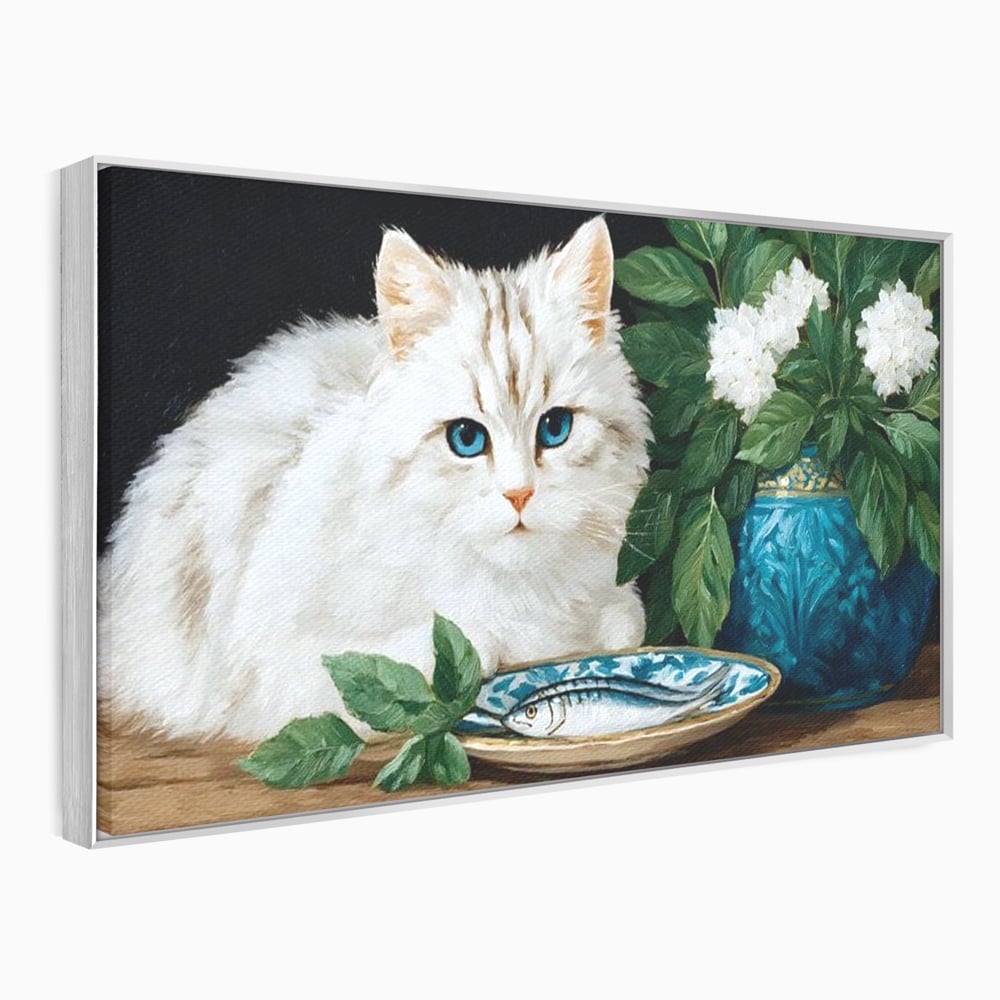 Tablou Canvas Premium, LuxCanva® M1238, Ospat Nobil, Pisica, Portelan, Vaza, Flori, Frunze, Blanita, Peste, Cina, Mancare, Farfurie, Pictura, Ceramica, Birou, Living, Camera Copil