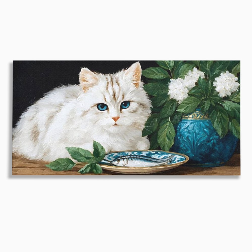 Tablou Canvas Premium, LuxCanva® M1238, Ospat Nobil, Pisica, Portelan, Vaza, Flori, Frunze, Blanita, Peste, Cina, Mancare, Farfurie, Pictura, Ceramica, Birou, Living, Camera Copil