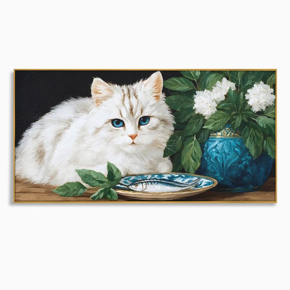 Tablou Canvas Premium, LuxCanva® M1238, Ospat Nobil, Pisica, Portelan, Vaza, Flori, Frunze, Blanita, Peste, Cina, Mancare, Farfurie, Pictura, Ceramica, Birou, Living, Camera Copil